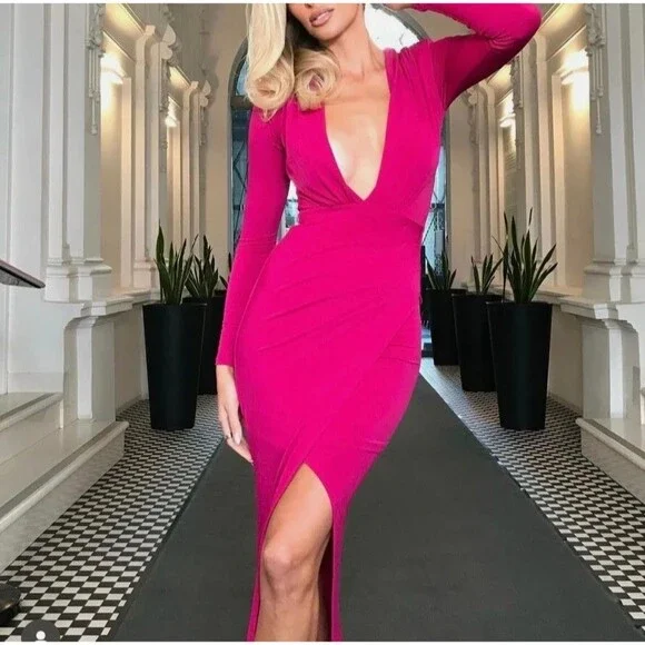 $299 retail-NWT-Nooki REVOLVE Farrah Plunge V-Neck Gown-Cerise(deep pink)-Small - Picture 2 of 7